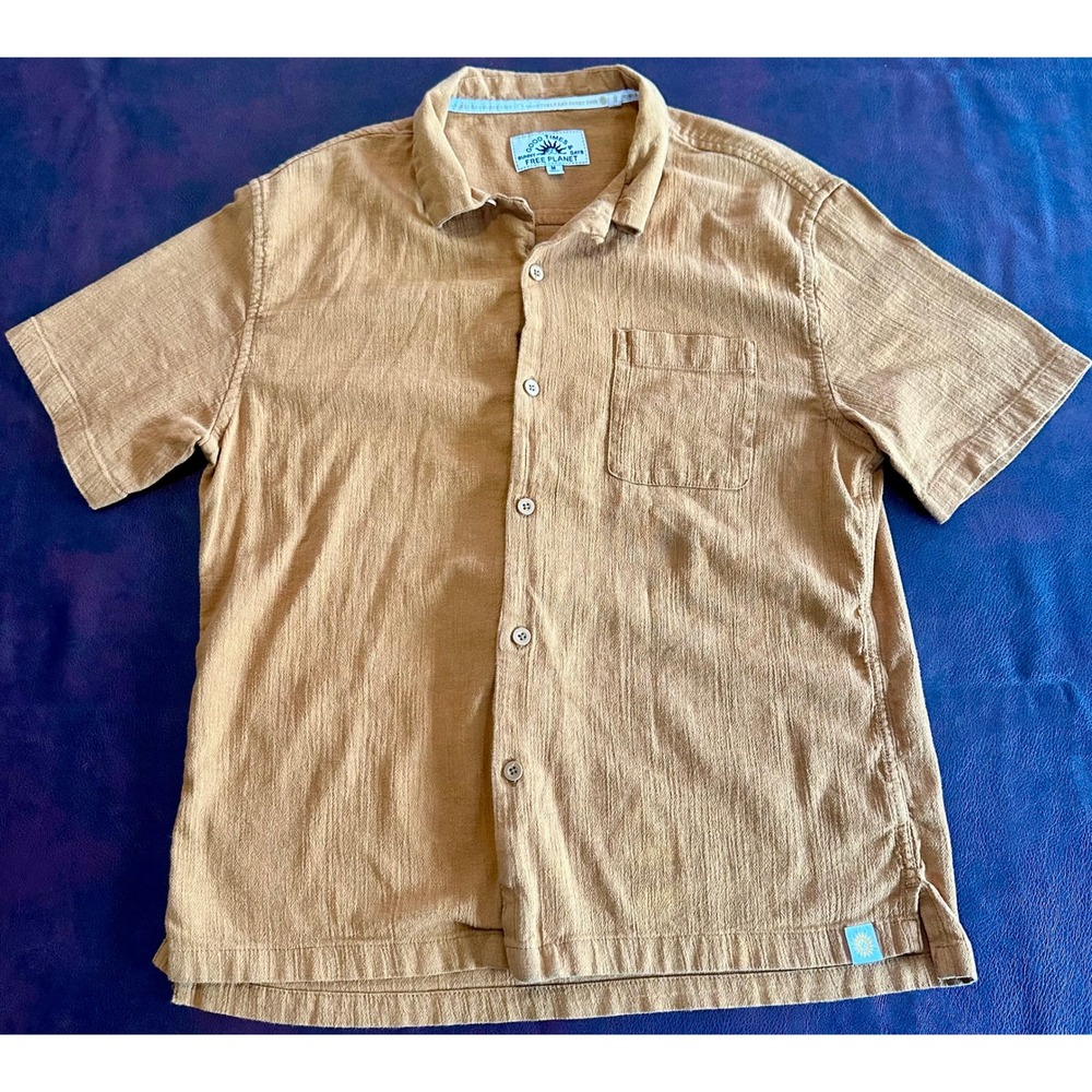 Free Planet Mens Short Sleeve Button Down Shirt Tan Cotton Gauze Size M